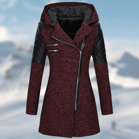 Women's mid-length slim zip coat with hood, warm lining, asymmetrical closure, chic city silhouette
