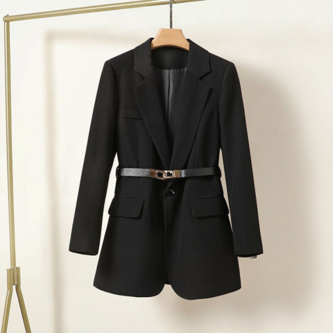 Women's long belted blazer structured fit with waist-defining adjustable belt for modern elegance