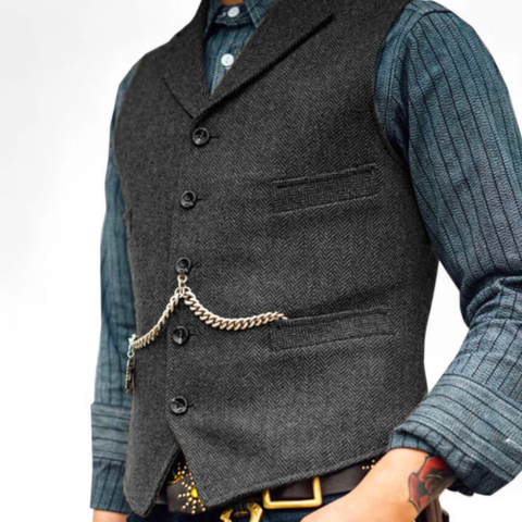 Navy blue men's fitted suit vest with decorative vintage-inspired chain detail for urban chic style