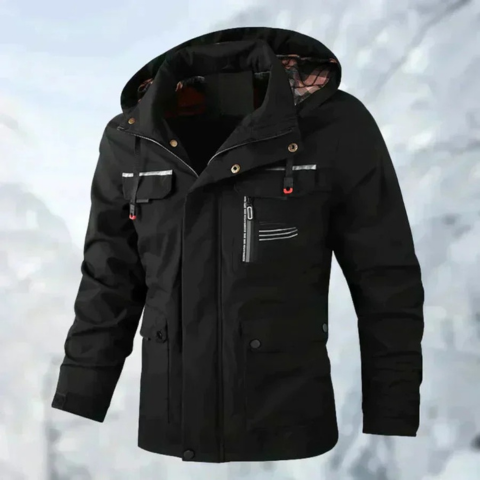 Men's black hooded winter jacket water-resistant urban fit with adjustable hood for wind and rain protection