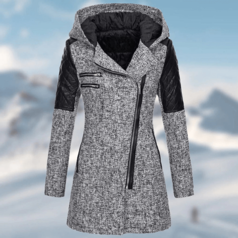 Women's mid-length slim zip coat with hood, warm lining, asymmetrical closure, chic city style