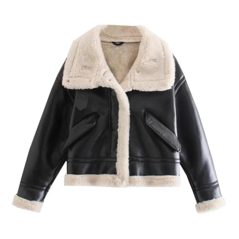 Women's black aviator jacket short structured silhouette with bold urban style and chic winter warmth