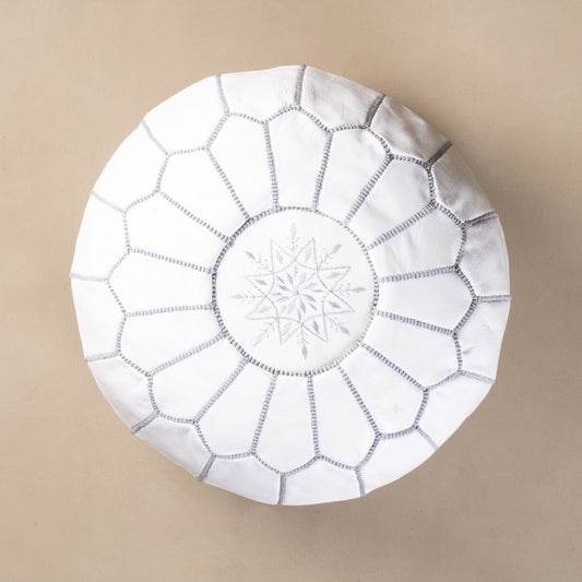 Authentic Moroccan Leather Pouf - White and Grey - Urbann-Vibe