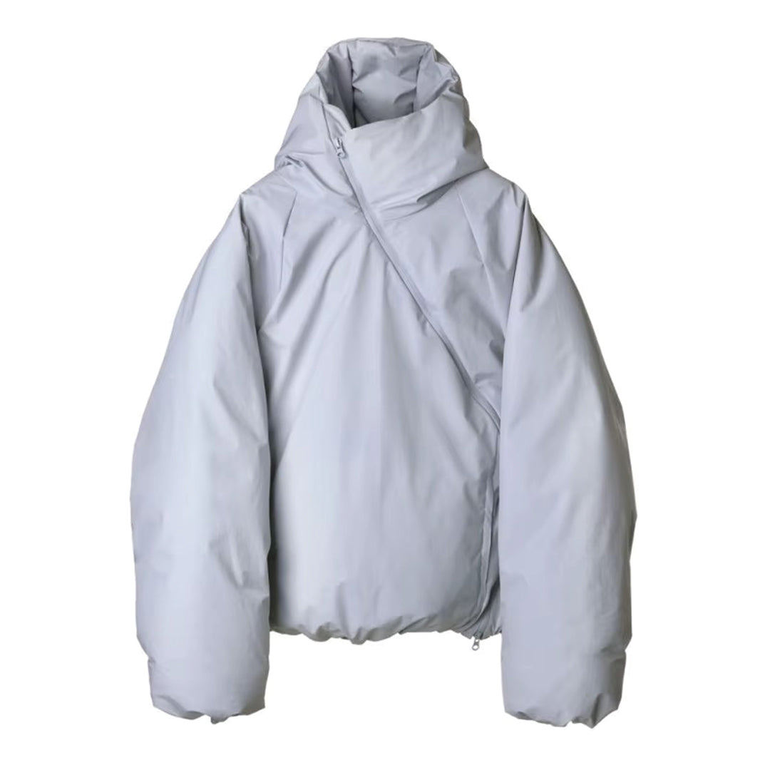 Black asymmetric puffer coat with cotton padding, unique silhouette for urban cold-weather style