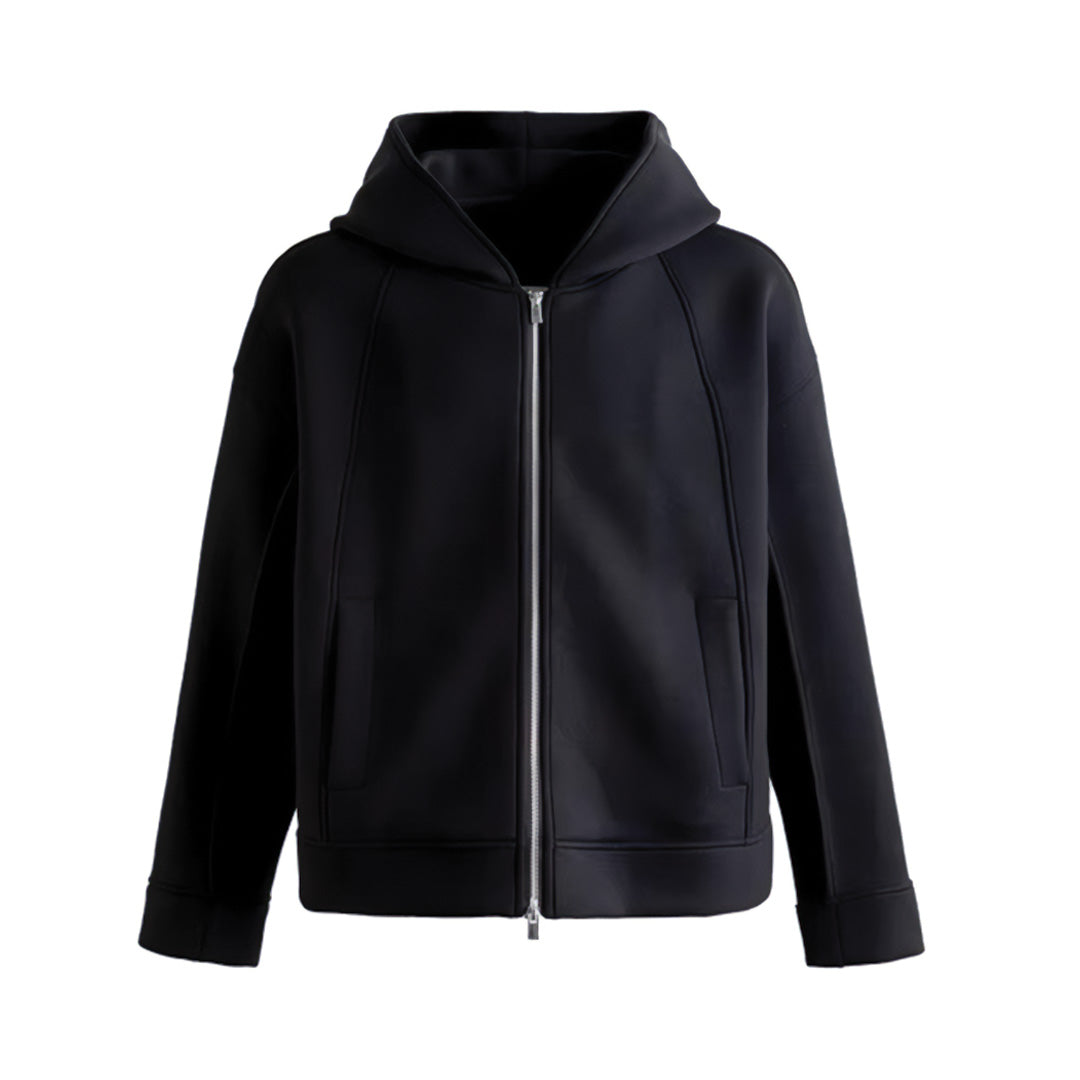 Black cropped loose-fit streetwear hoodie with dual zip closure and architectural outseam detail
