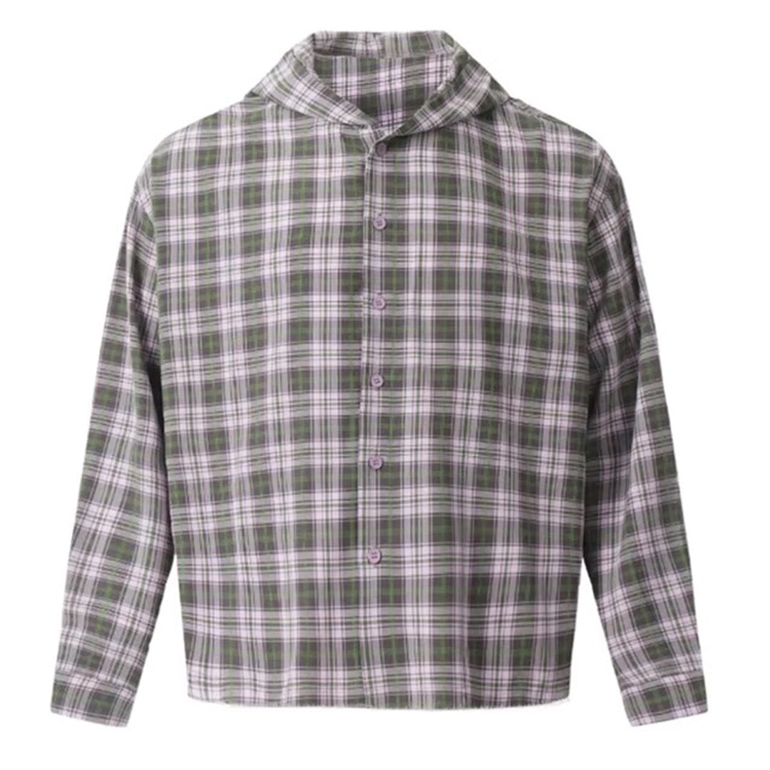 Frayed plaid hooded flannel shirt loose fit unisex casual wear with raw hem edges