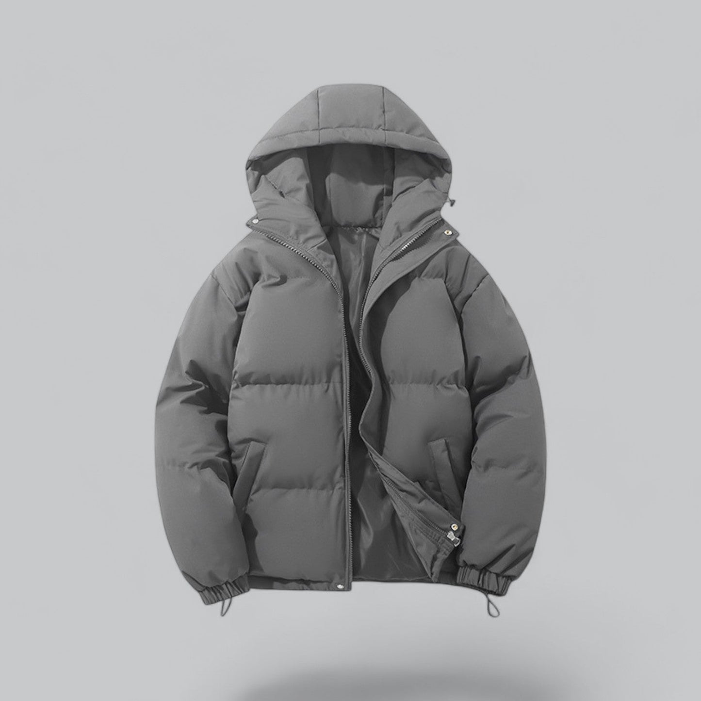 Men's slim fit black puffer hooded jacket with insulated warmth for cold weather