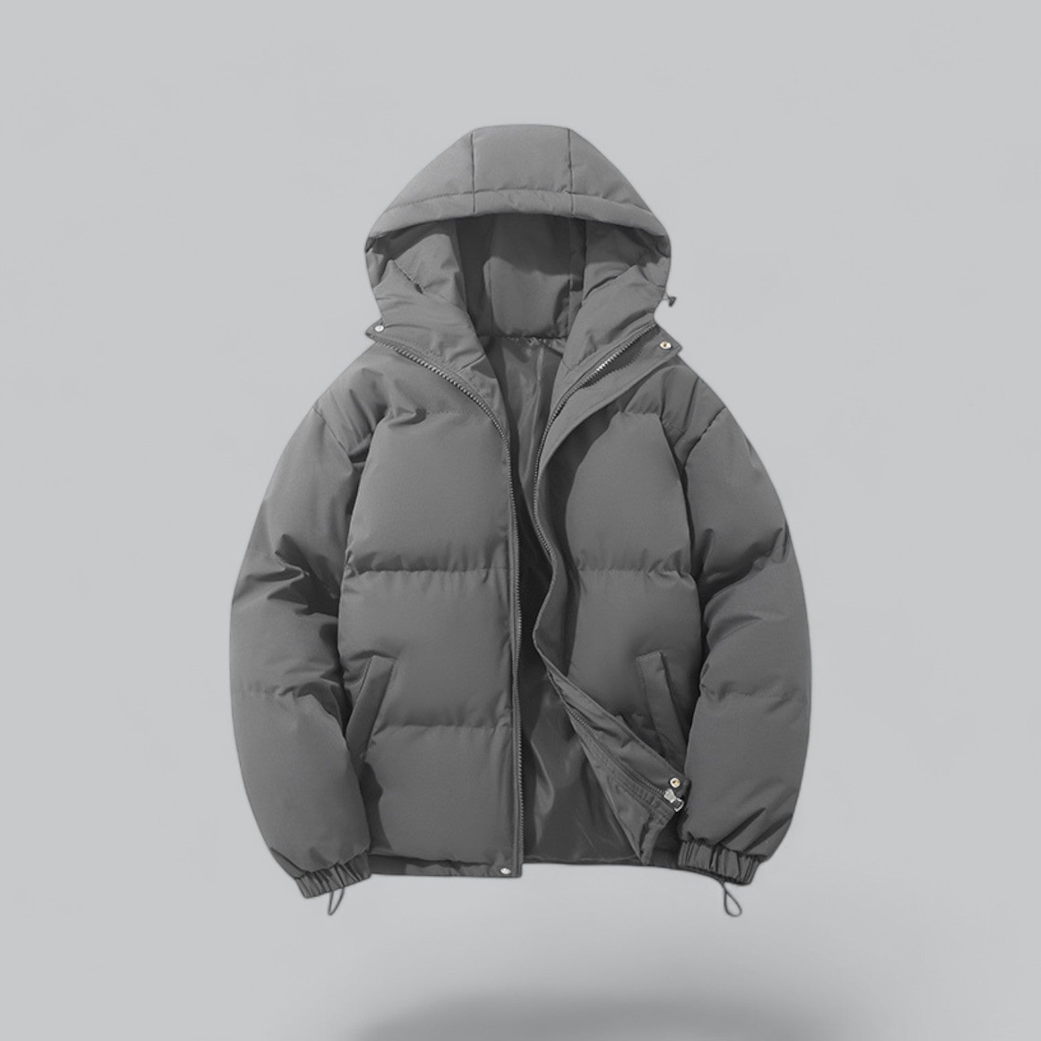Men's slim fit black puffer hooded jacket with insulated warmth for cold weather
