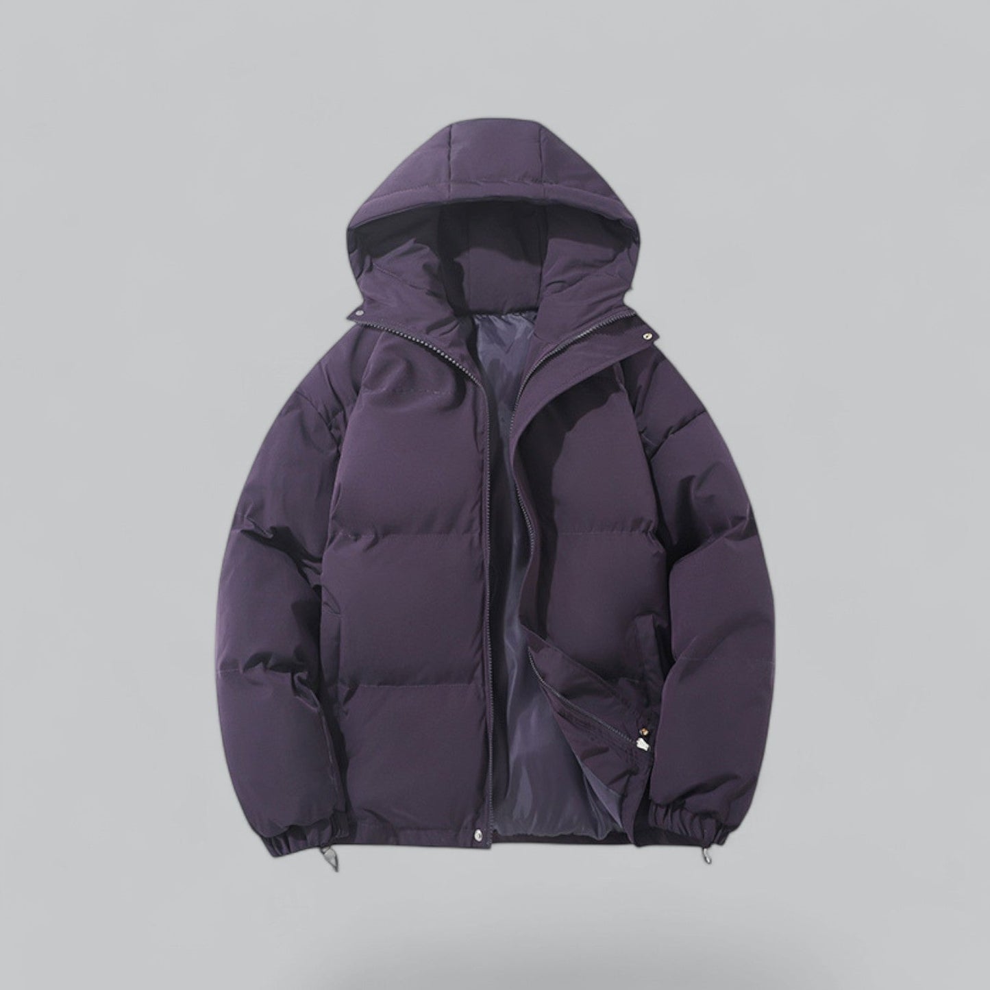 Men's slim fit navy blue puffer hooded jacket insulated cold weather coat streamlined silhouette