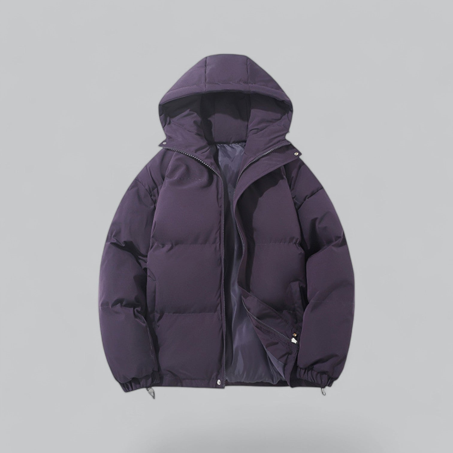 Men's slim fit navy blue puffer hooded jacket insulated cold weather coat streamlined silhouette