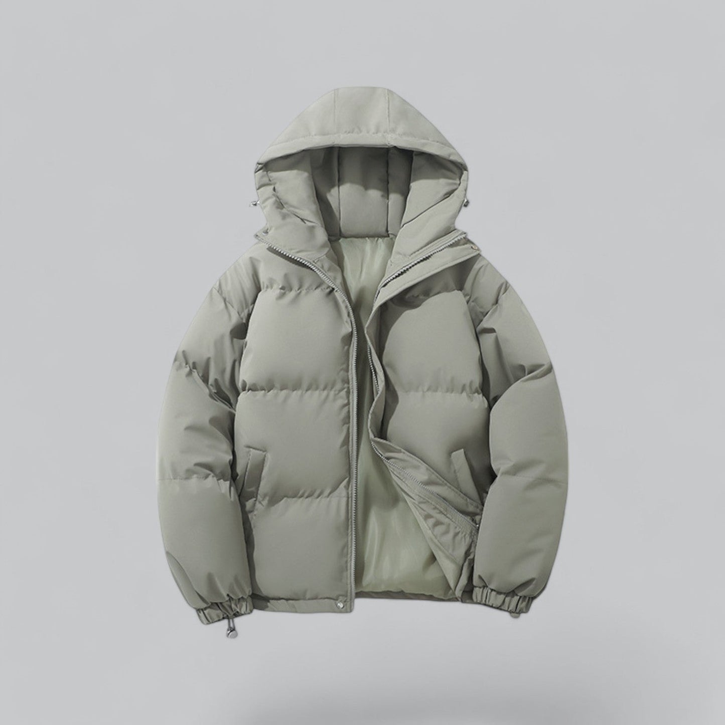 Men's slim fit navy blue puffer hooded winter jacket with insulated cold weather protection