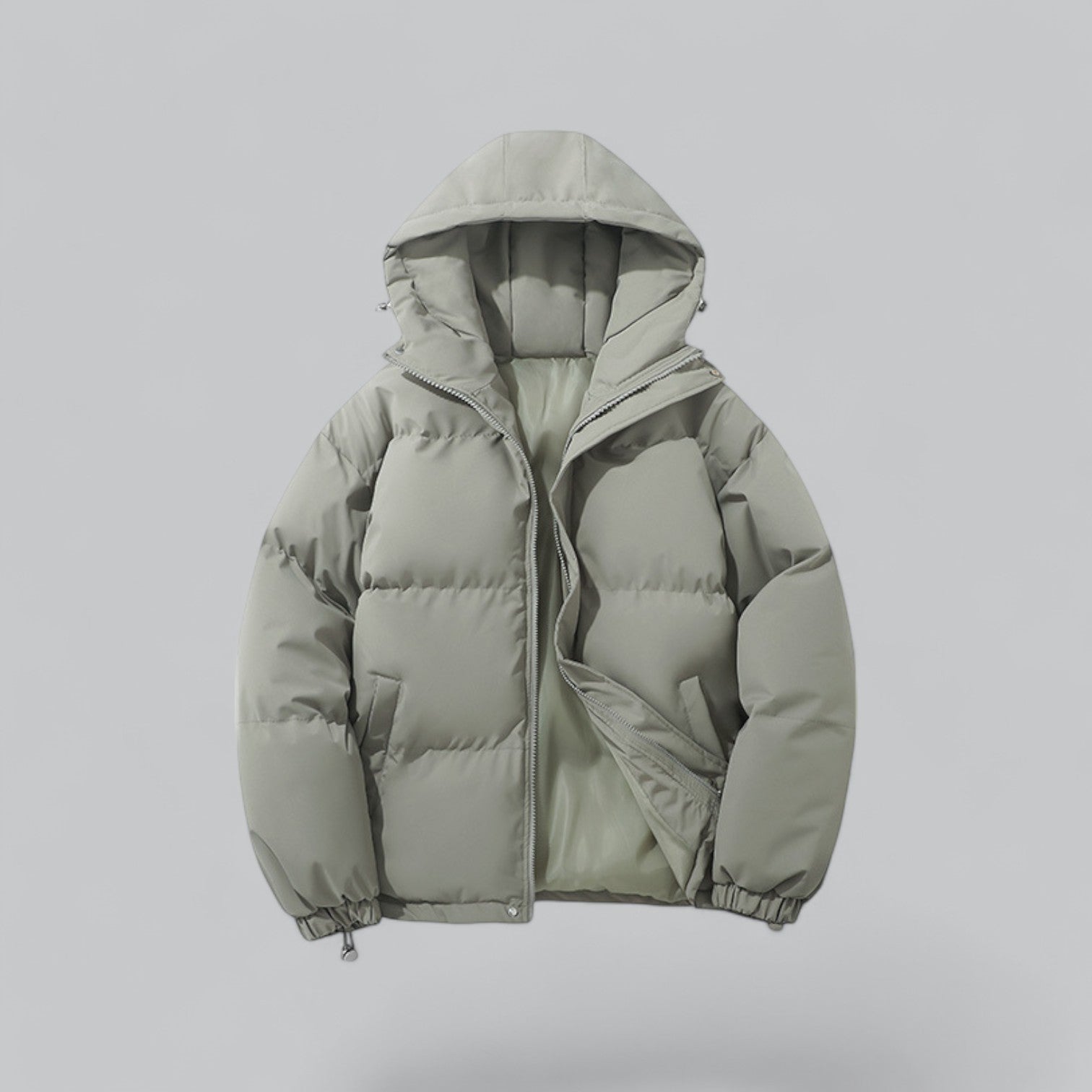 Men's slim fit navy blue puffer hooded winter jacket with insulated cold weather protection