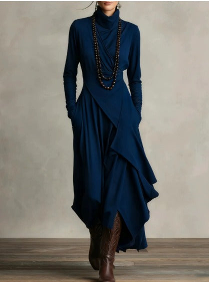 Women's burgundy wrap turtleneck midi dress with draped asymmetrical flowing hem for elegant office wear