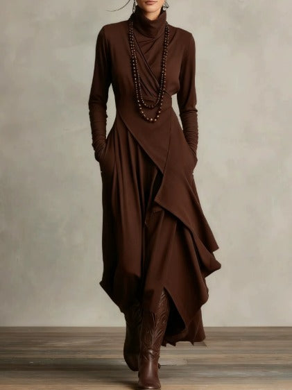 Women's burgundy wrap turtleneck midi dress with draped asymmetrical skirt for elegant office wear
