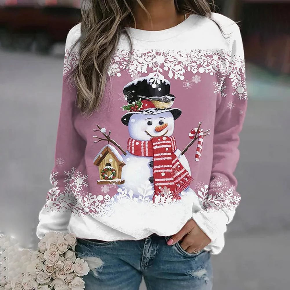 Women's cozy relaxed-fit winter sweater with festive snowman graphic and snowflake accents