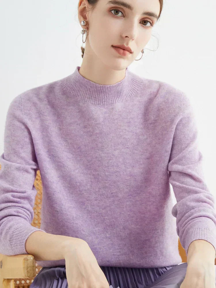 Elegant women's knit sweater in neutral tones, classic slim silhouette for office and evening wear