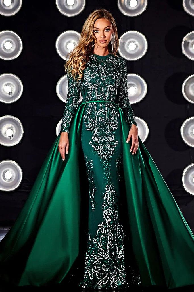 Portia Scarlett PS23063 beaded satin formal gown long sleeve overskirt back zipper evening dress