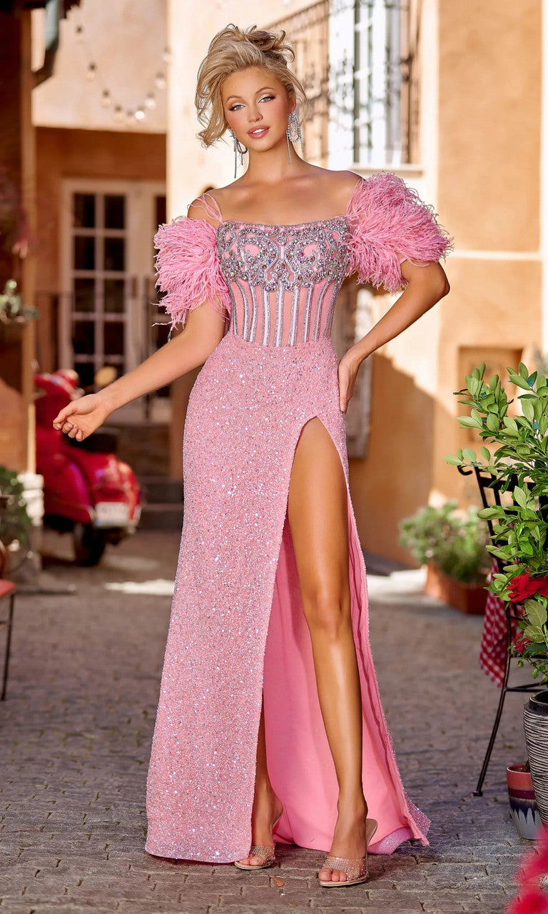 Portia Scarlett PS23741C sequin fitted prom gown strapless corset bodice with feathered cap sleeves