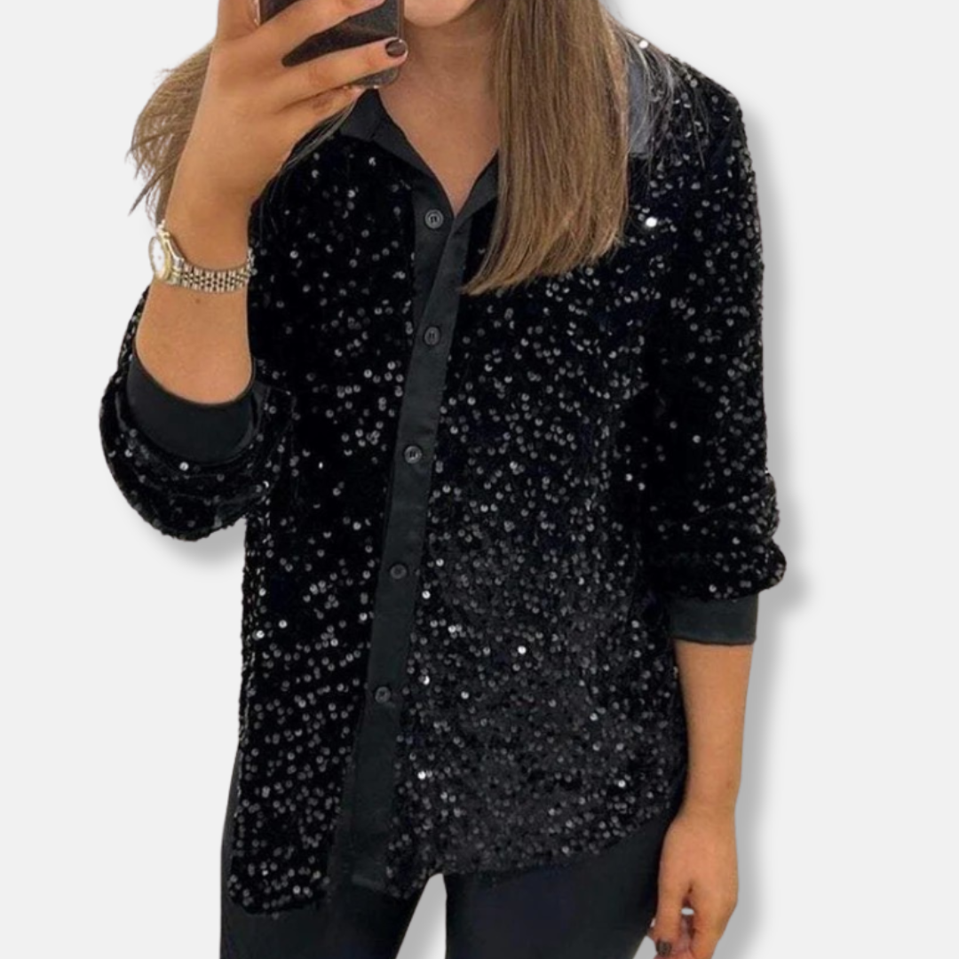 Women's silver sequin button-up shirt relaxed fit long sleeve party glamour top