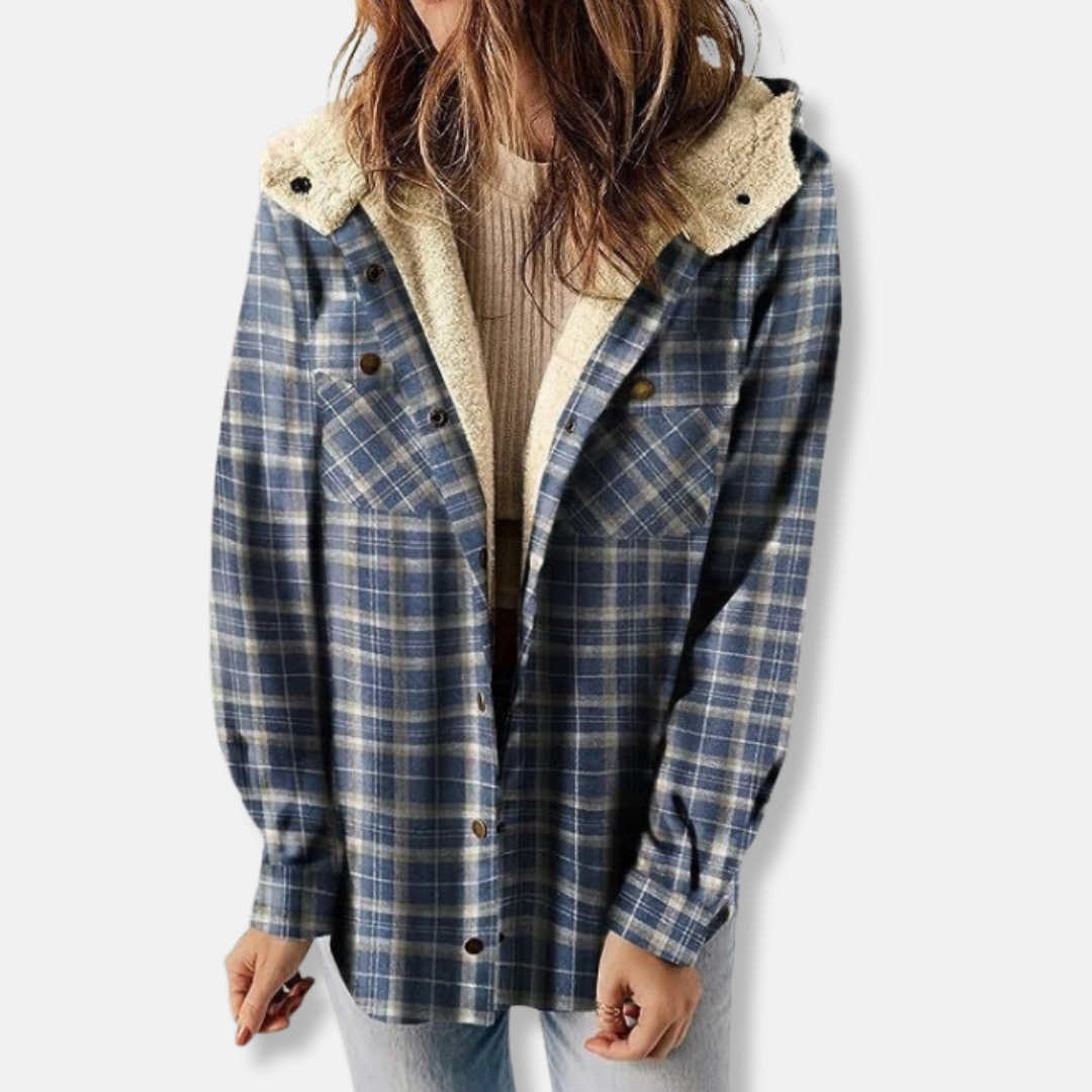 Women's relaxed fit checkered shirt jacket with hood and pockets in classic plaid pattern