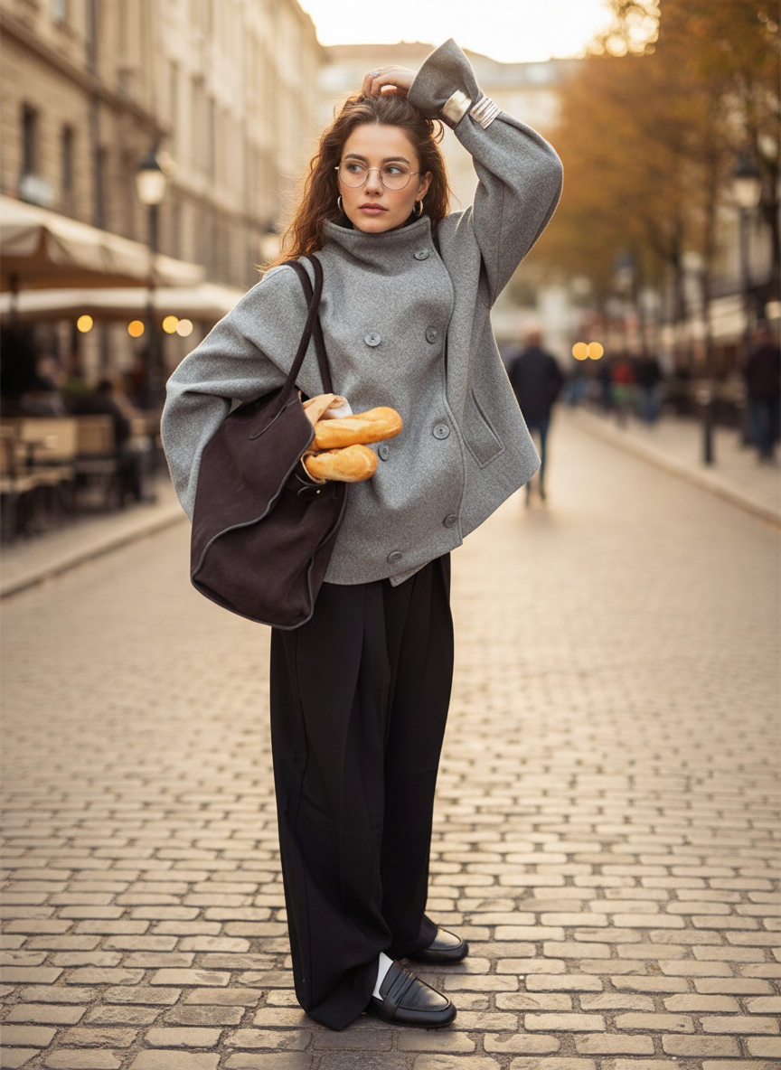 Women's wool blend oversized jacket with stand collar and double-breasted buttons in chic urban style