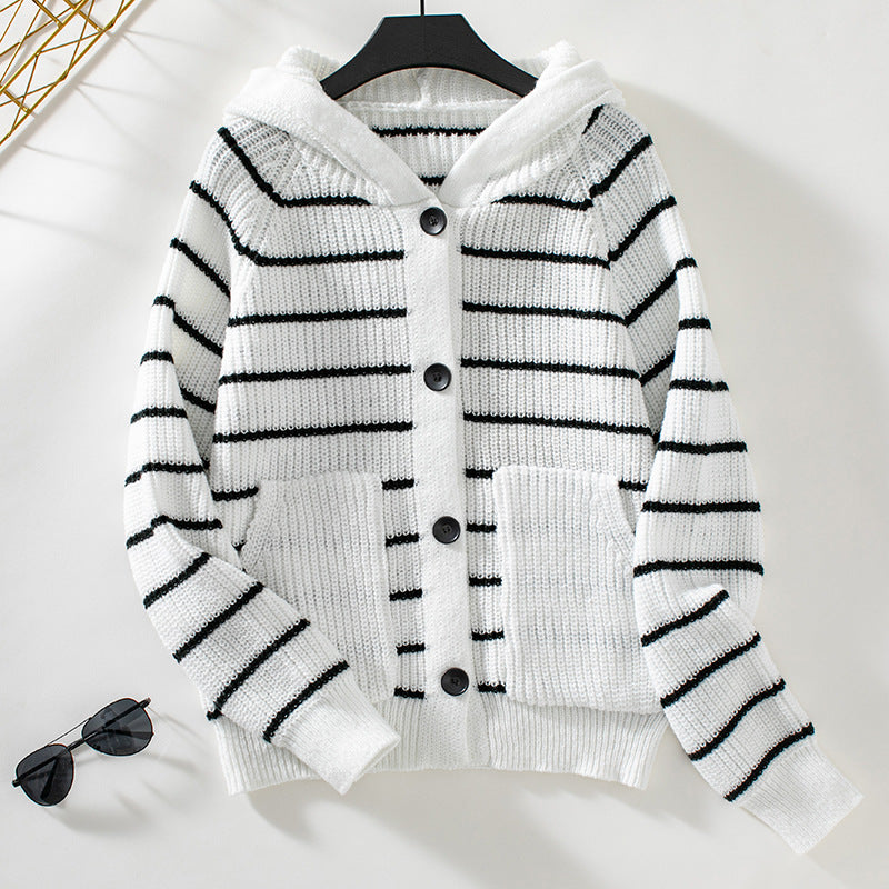 Women's striped hooded cardigan sweater relaxed fit button front cozy knit casual layering top