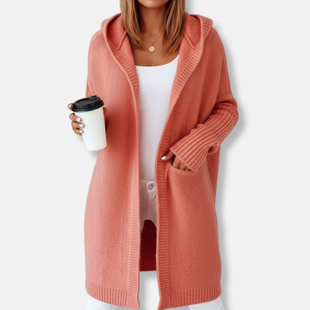 Women oversized hooded cardigan cozy wool blend knee-length knit in neutral tones for fall layering