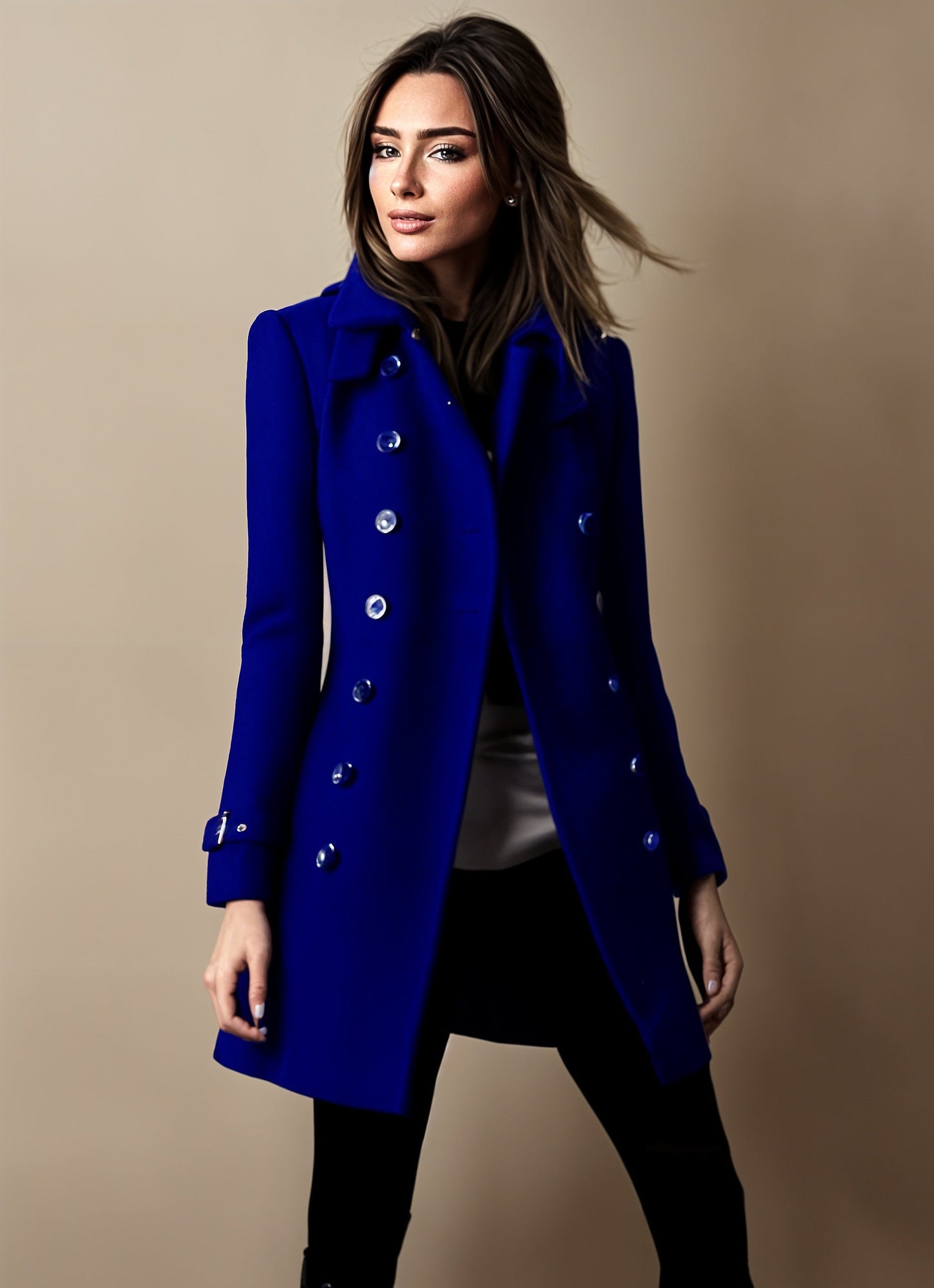 Women's elegant winter coat button closure classic silhouette warm tailored timeless fashion design