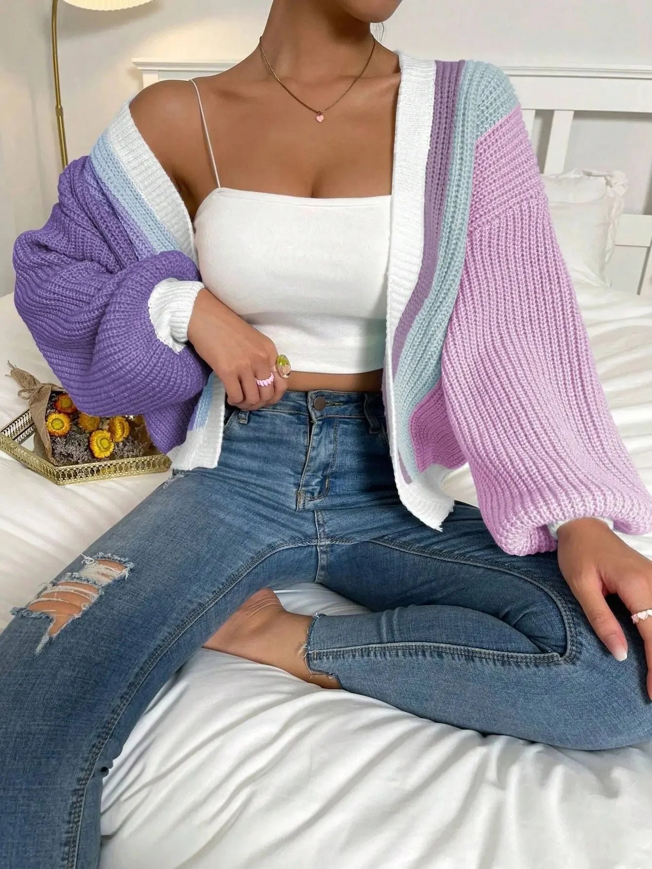 Women's gradient block knit cardigan open-front drape with voluminous balloon sleeves ultra-soft ribbed