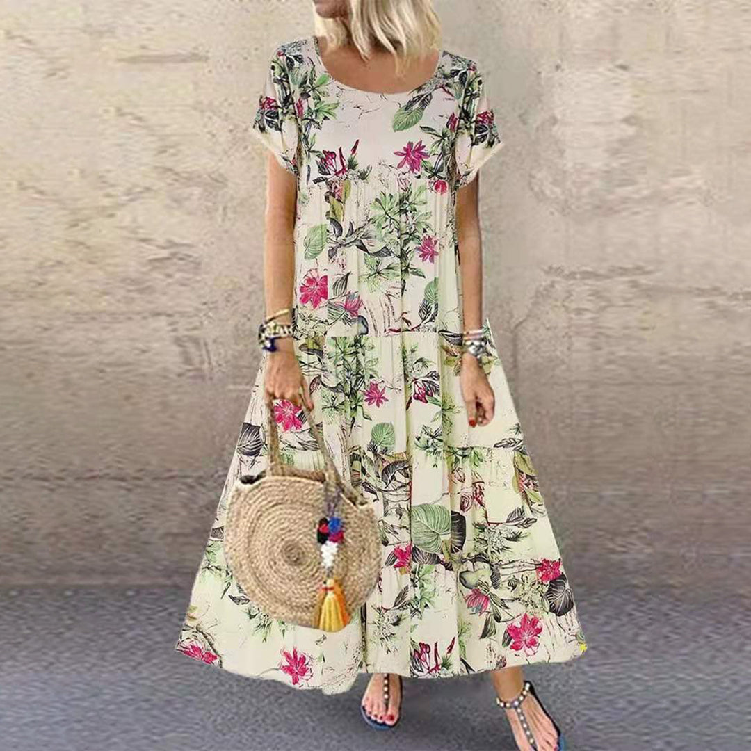 Women's loose-fit floral print maxi dress in breathable cotton blend, casual summer style