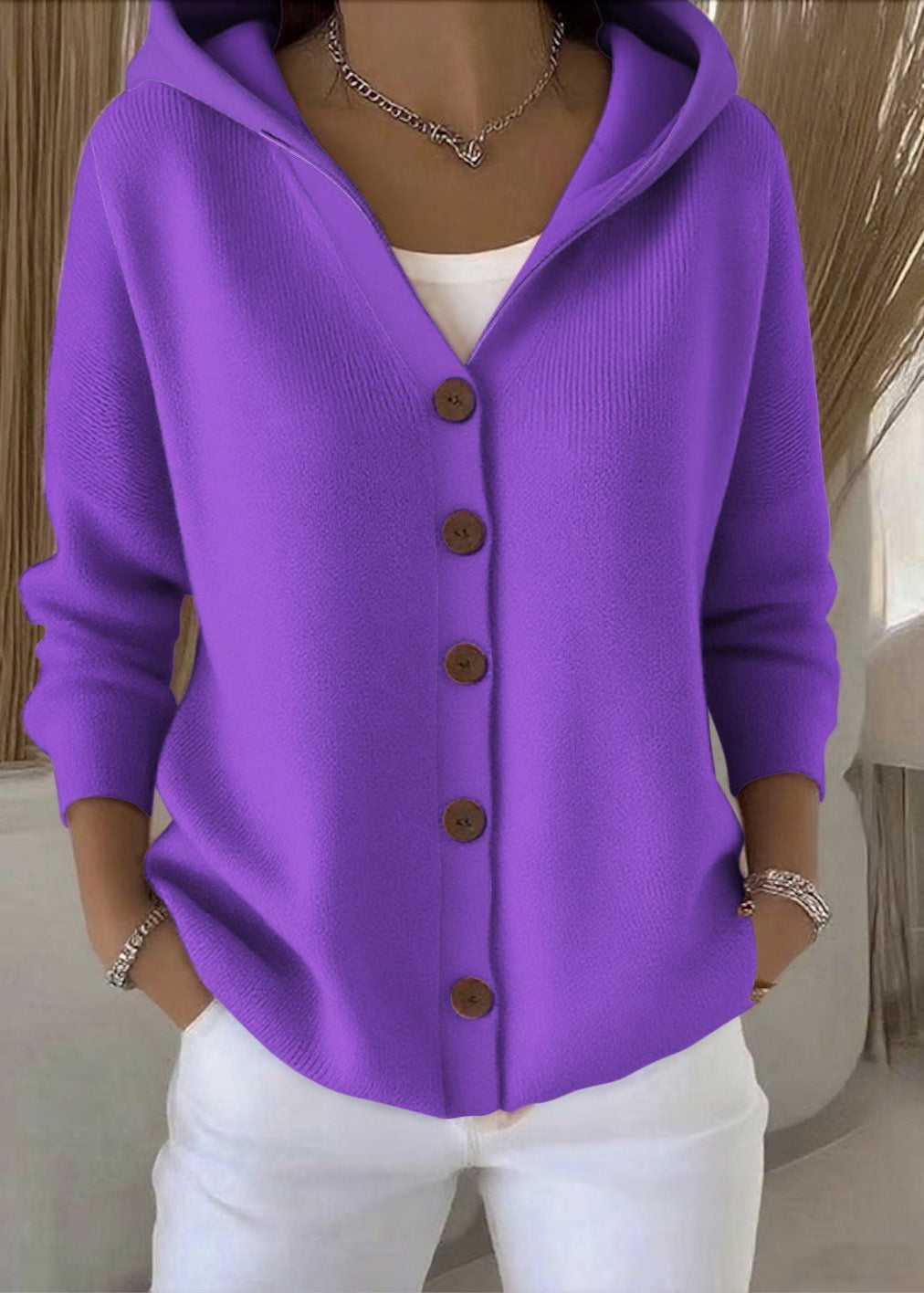 Women's hooded knit cardigan beige minimalist silhouette full button front with wooden buttons