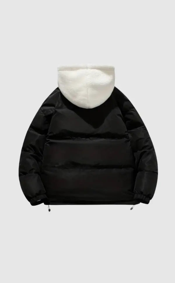 Women's black puffer jacket with white plush fleece lining, padded winter coat with reversible-style design