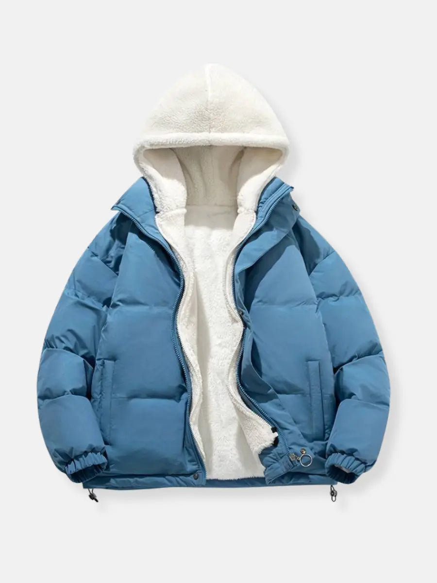 Women's black puffer jacket with white plush fleece lining, padded winter coat with reversible-inspired design