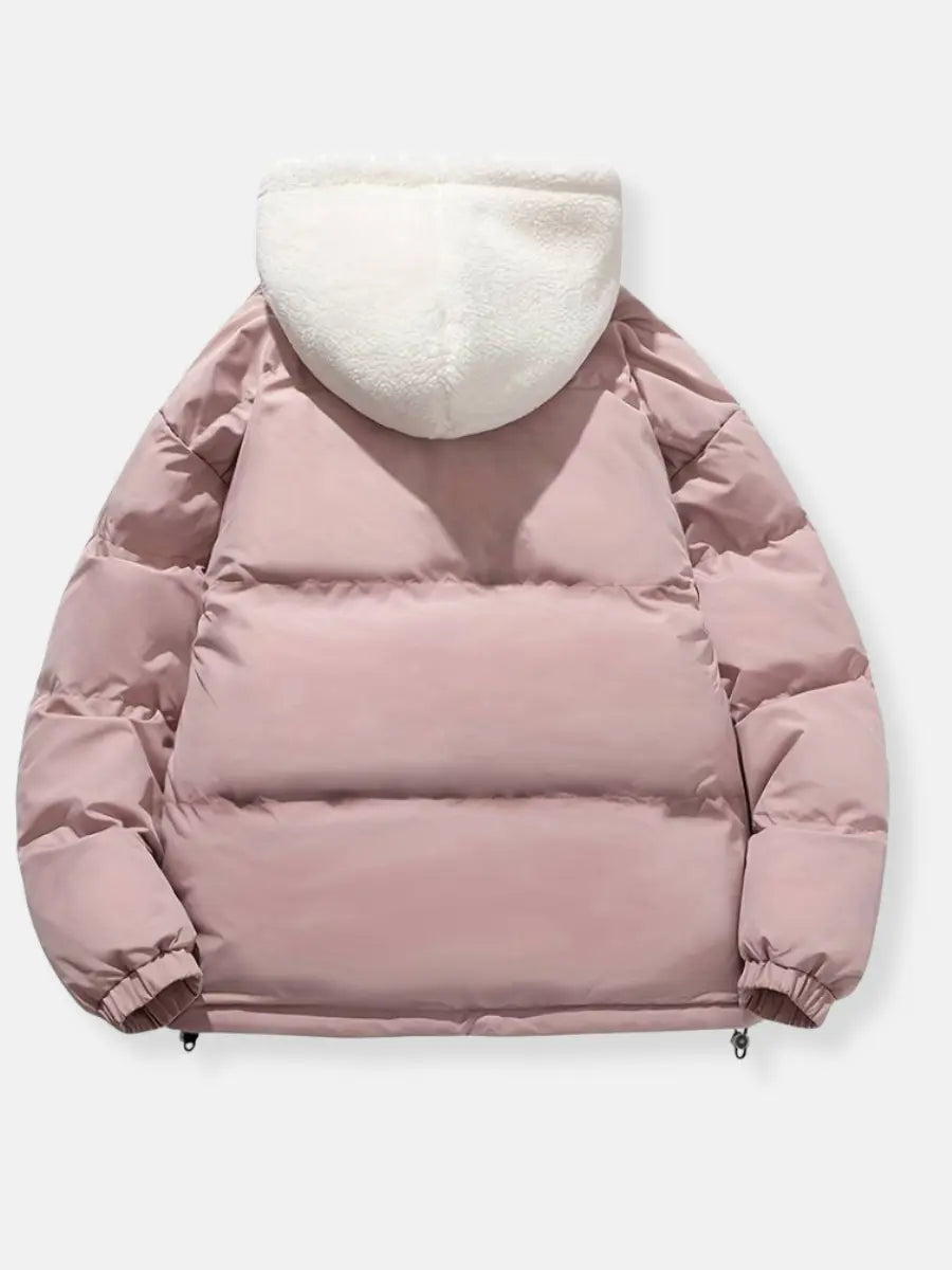 Women's black puffer jacket with white plush fleece lining, padded winter coat with reversible design