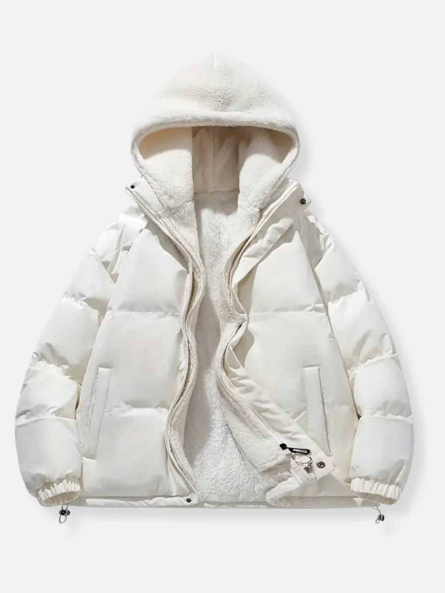 Women's black padded puffer jacket with white plush fleece lining, sleek city-style winter coat