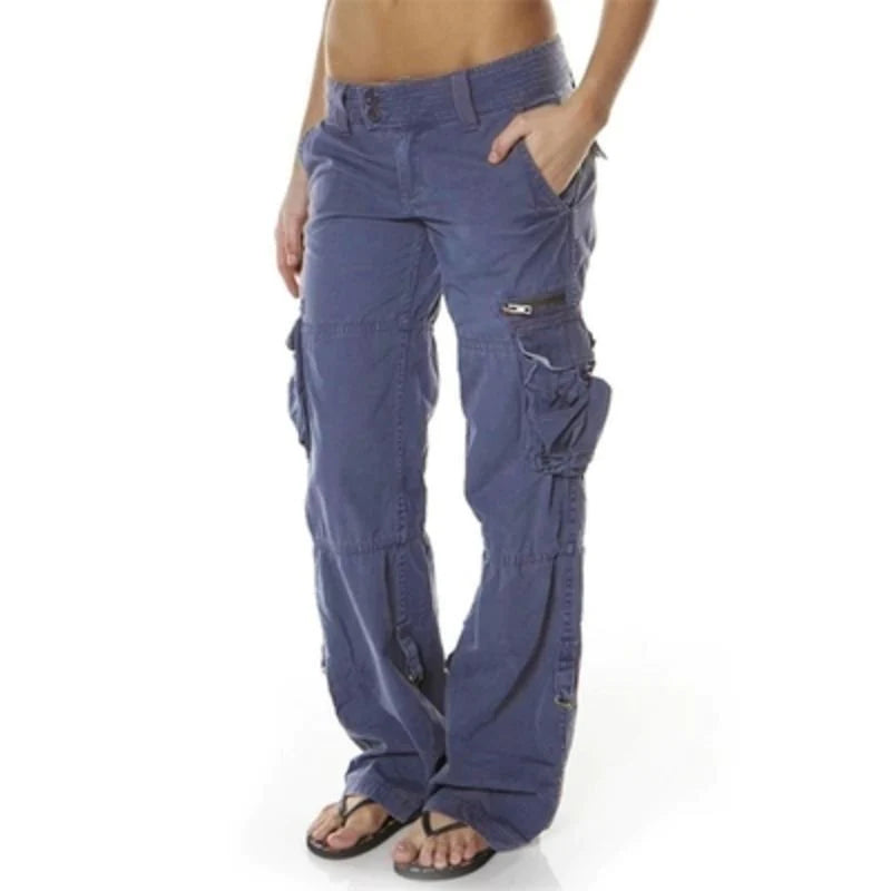 Women's olive green relaxed cargo pants with elastic waistband and multiple practical side pockets