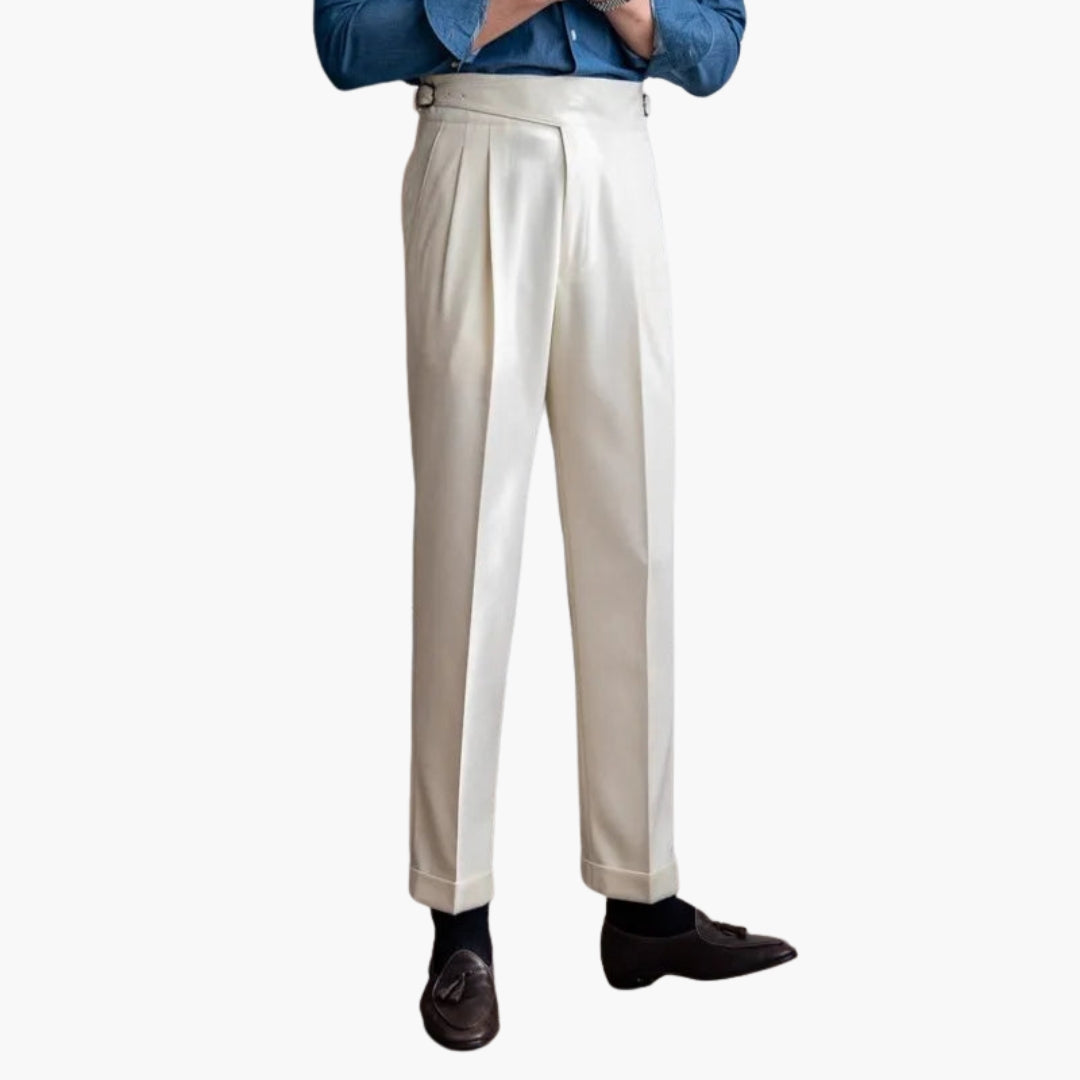Men's high waist pleated suit trousers with adjustable side buckle for a tailored formal fit