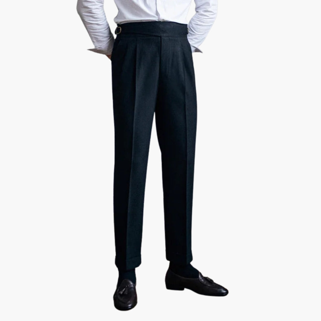 Men's high waist pleated suit trousers with adjustable side buckle for a tailored formal fit
