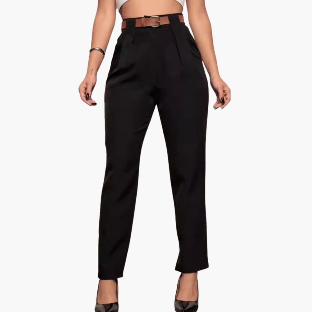 Women high waist straight leg pleated pants with belt loops, clean silhouette office wear