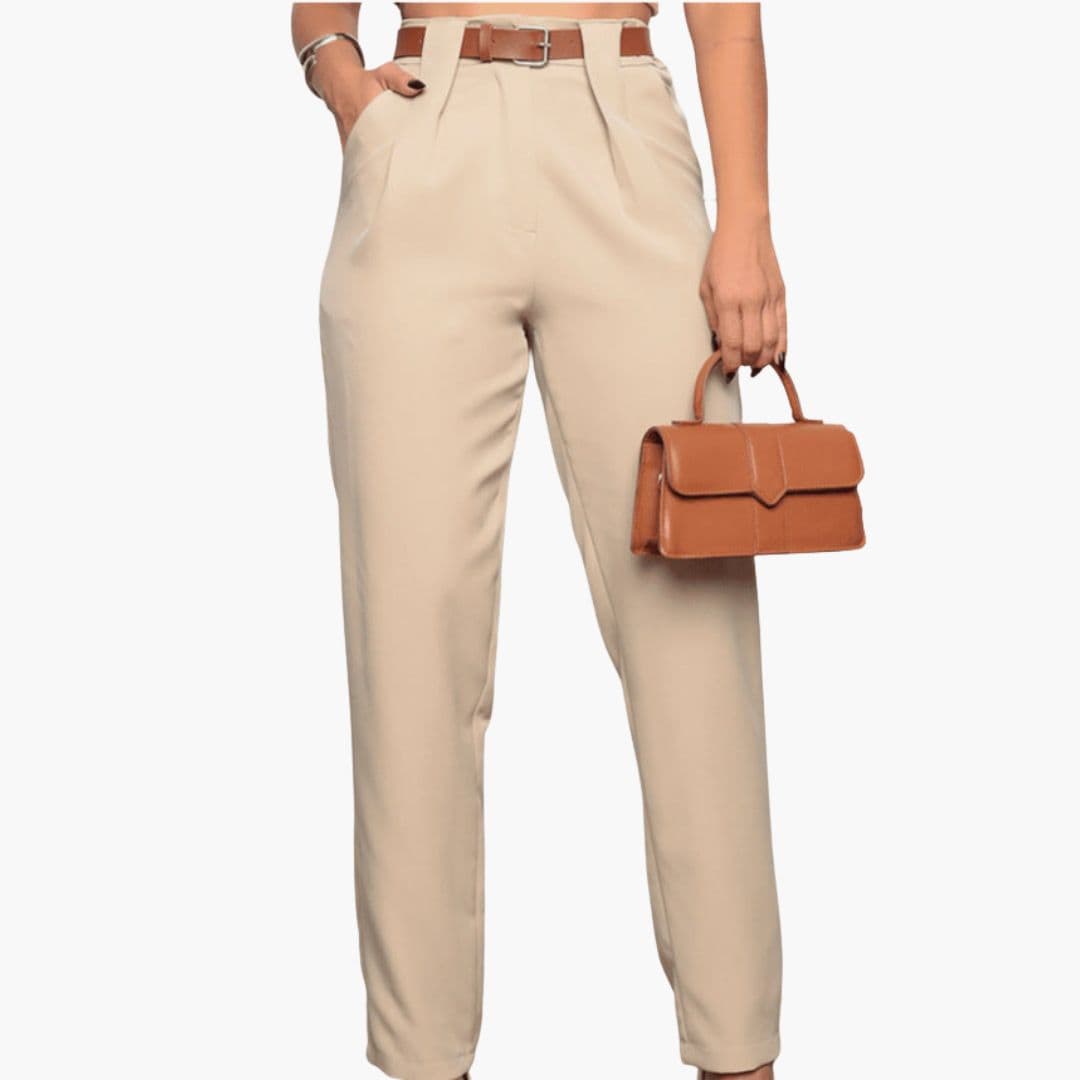 Women high waist straight leg pleated pants with belt loops, clean silhouette office wear