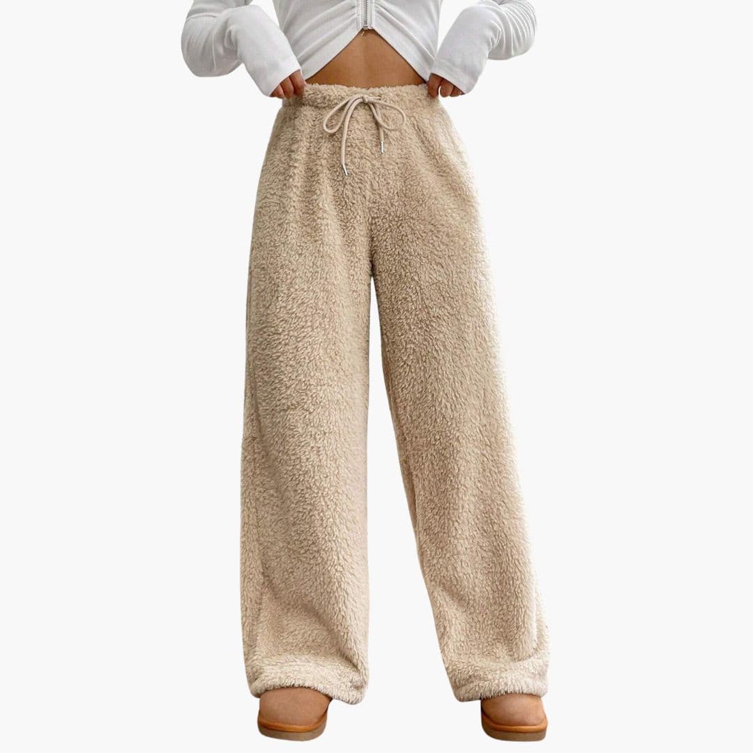 Women's cozy plush wide-leg drawstring pants, full-length hem, elastic waistband, relaxed layering fit