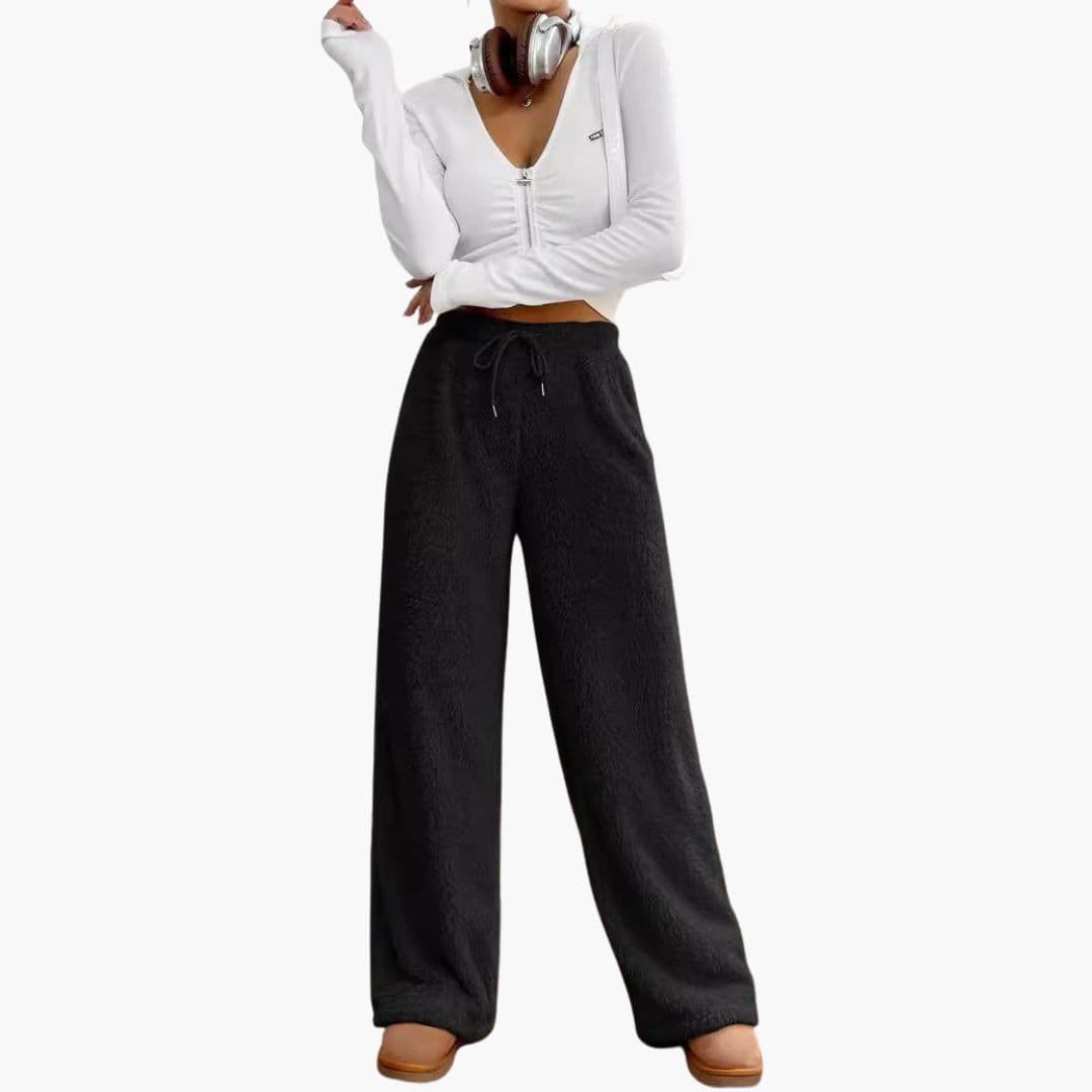 Women's plush wide-leg drawstring pants, full-length hem, elastic waistband, cozy relaxed fit