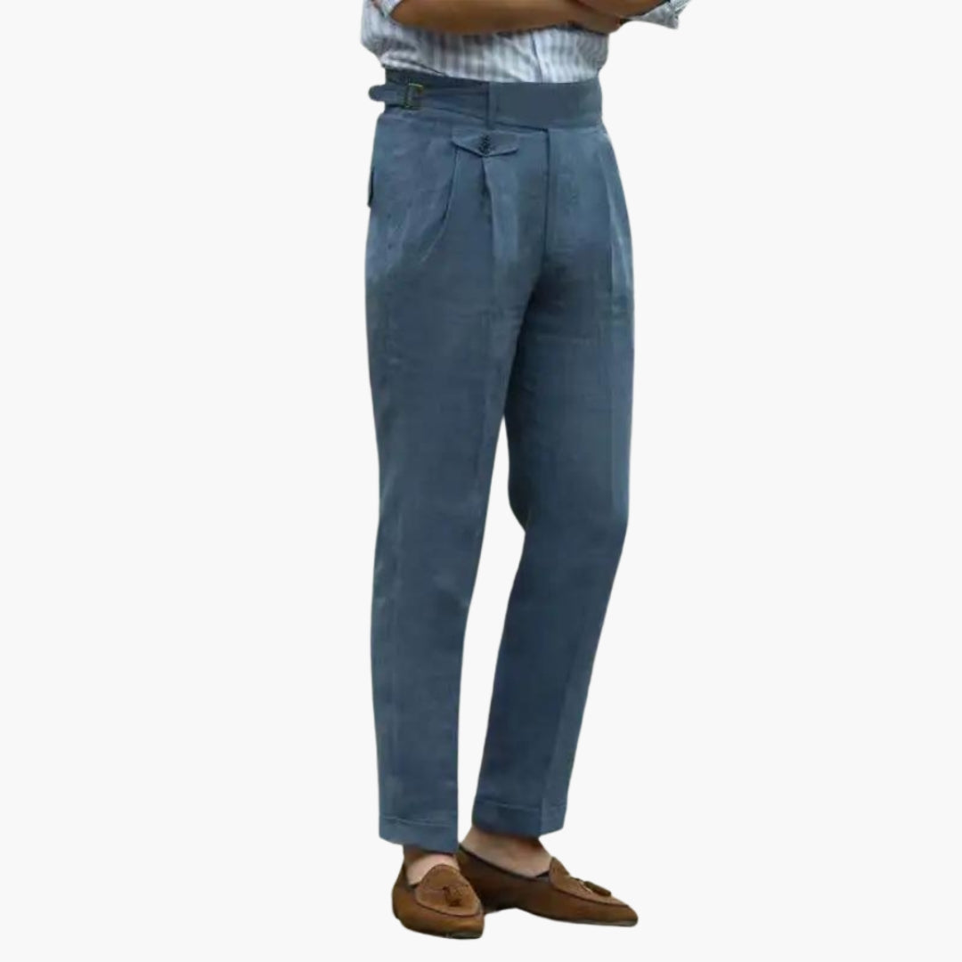 Men's high waist straight leg dress pants with front pleats and adjustable belt side straps