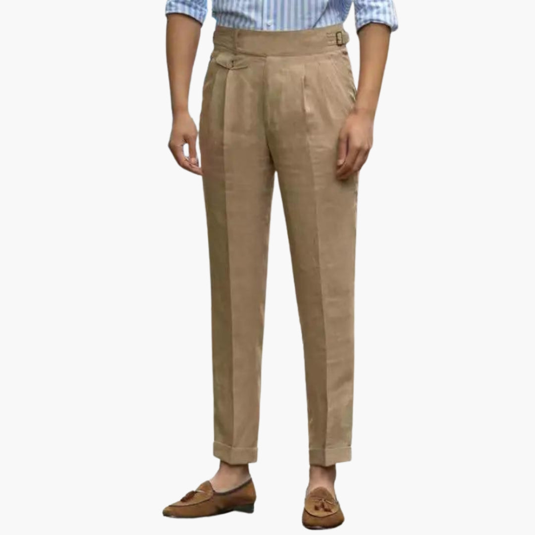 Men's high waist straight leg dress pants with front pleats and adjustable belt side straps