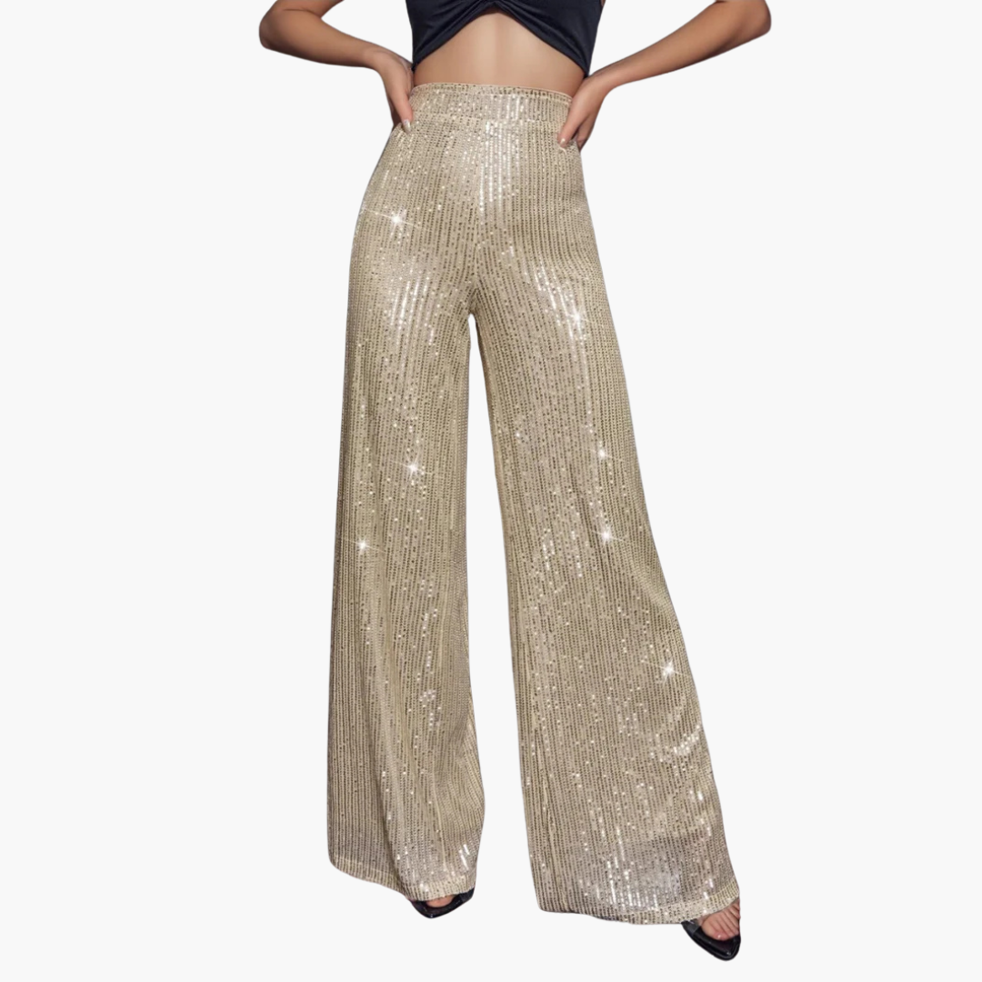 Women's black wide-leg high-waist pants with vertical glitter stripes, elegant party-ready silhouette
