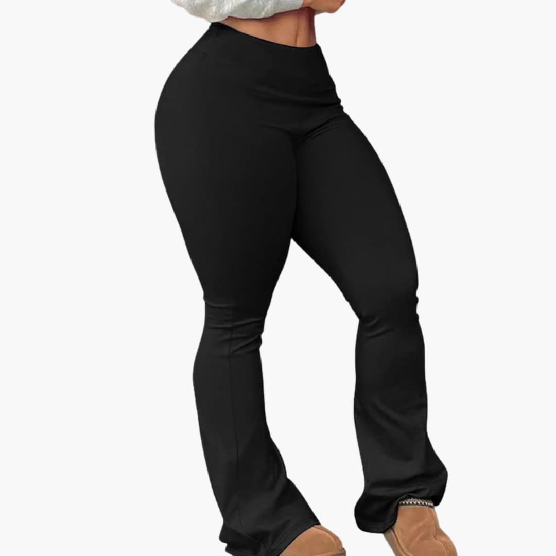 Women's high-waist bootcut pants with elastic pull-on waistband and flared hem for everyday wear