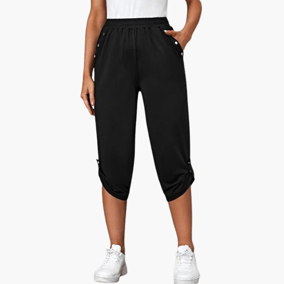 Women's jersey capri pants with elastic waist, button pockets, mid-rise relaxed fit for everyday casual wear