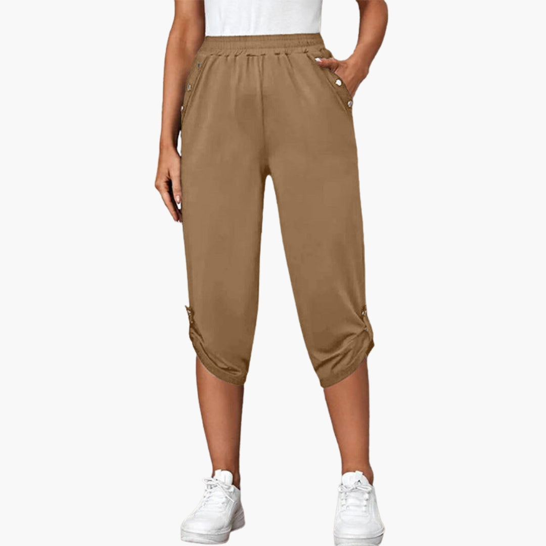 Women's jersey capri pants relaxed fit elastic waist with button-detail side pockets casual comfort