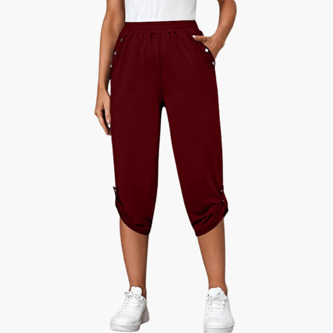 Women's jersey capri pants relaxed fit elastic waist with button-detail side pockets casual comfort