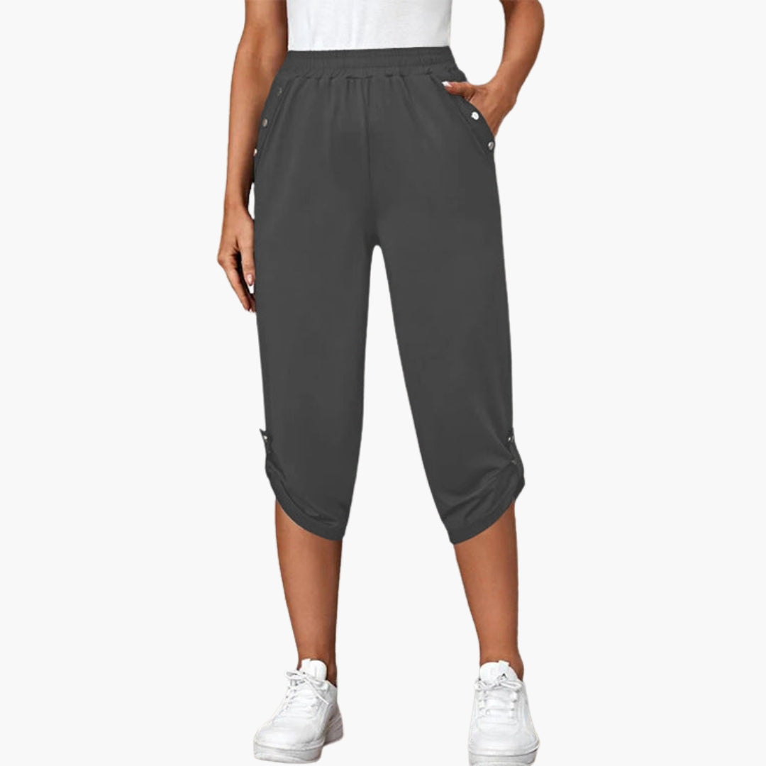 Women's jersey capri pants relaxed fit elastic waist with decorative button pockets casual everyday